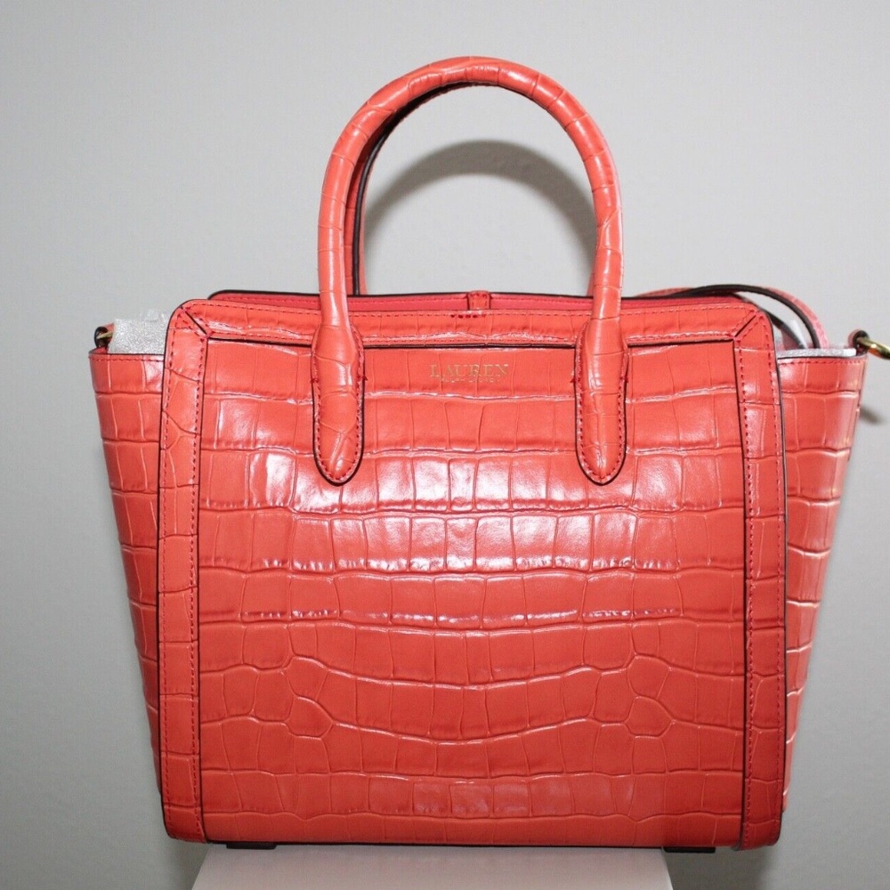 Lauren Ralph Lauren Tyler Embossed Leather Medium Tote Bag Orange